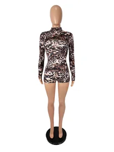 Full front view of a leopard print long sleeve bodycon romper displayed on a mannequin