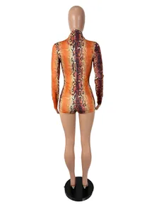 Back view of a sexy long-sleeve snakeskin print bodycon romper playsuit for women