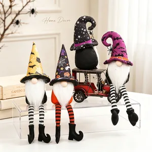 Detailed group view of four Halloween long-legged gnomes with spooky themed hats