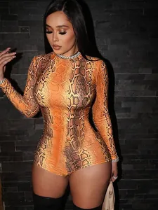 Sexy long sleeve snakeskin print bodysuit with round neck and flattering slim fit design