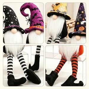 Detail views of Halloween long-legged gnomes with striped legs and spooky hats.