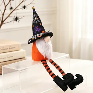 Halloween gnome doll with striped long legs and spider web witch hat for home decor