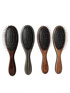 Detail showing four different wood grain handles of portable air cushion hair brushes