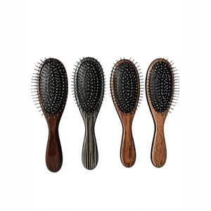 Set of four wooden hairbrushes with metal pin bristles and various wood grain textures.