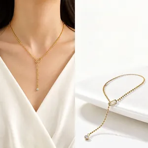 Collier Pendentif Moissanite en Argent Sterling 925 pour Femmes Plaqué Or 18K Chaîne à Billes Géométrique en Forme de Y
