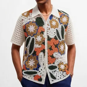 Polo de Punto para Hombre de Crochet Hecho a Mano Calado Jacquard Floral Étnico Cárdigan de Manga Corta Casual de Verano