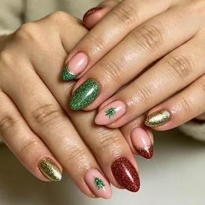 Unghie Finte da Premere Albero di Natale Rosso Verde Oro Glitter Forma a Mandorla ABS Manicure per Donna Festa
