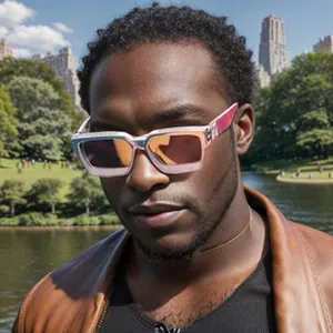 Close-up detail of oversized fashion sunglasses featuring a gradient pink frame and tint lenses