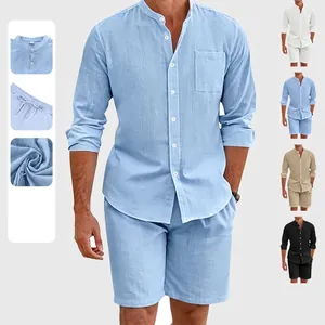 Men's casual linen 2-piece summer beach set with button-down shirt and matching shorts
