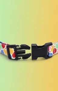 Detail view of POM plastic buckle for holiday printed dog collars with 130kg strength