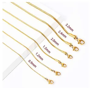 Detailed comparison of six different thicknesses of 18K gold plated snake chain necklaces