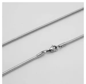 Close-up detail of a minimalist silver titanium steel snake chain necklace with lobster clasp