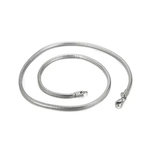 Detailed macro view of a minimalist silver titanium steel snake bone chain necklace