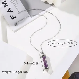 Detail view of amethyst crystal crushed stone pendant necklace with size and weight info