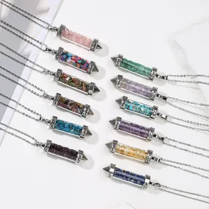 Natural Crystal Crushed Stone Pendant Necklace With Love Heart Silver Tone Chain Amethyst Rose Quartz Healing Stone Jewelry For Women