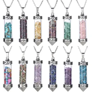Natural crystal gravel pendant necklace collection with stainless steel 'Love' caps