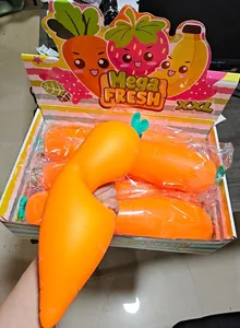 Oversized simulation carrot squishy stress relief toy being squeezed for detail demonstration