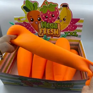 Close-up of XXL giant carrot flour squishy toy being stretched for ultimate stress relief