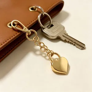Detailansicht eines goldglänzenden Herzschloss-Schlüsselanhängers an einer braunen Ledertasche