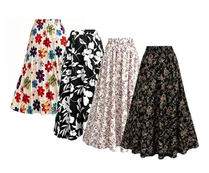 Gedetailleerd overzicht van vier boheemse bloemen maxi rokken met een elastische taille