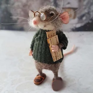 Cute Needle Felted Mouse Handmade Wool Felt Animal Ornament With Glasses Book Newspaper Desktop Figurine Home Decor Gift