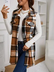 Detail view of a stylish brown plaid sleeveless vest for women in a cozy home setting