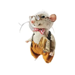 Adorable handmade needle felted mouse wearing glasses and holding a tiny newspaper.