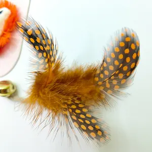 Close-up van interactief kattenspeeltje met veren, een belletje en natuurlijk touw.