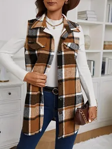 Close-up view of autumn brown plaid sleeveless vest coat with stylish chest pockets
