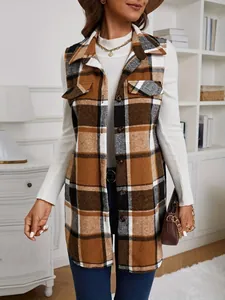 Detailed view of women's long plaid sleeveless wool vest with buttons and pockets