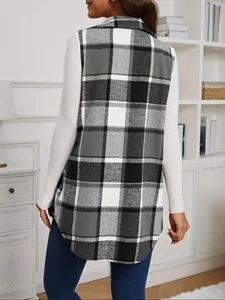 Back view of a stylish black and white plaid sleeveless wool vest coat for women