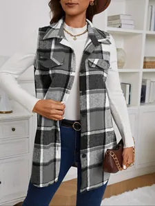 Detail view of a stylish grey plaid sleeveless woolen vest coat for women