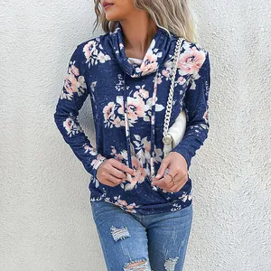 Sweatshirt décontracté à manches longues bleu marine à fleurs avec col bénitier et cordons
