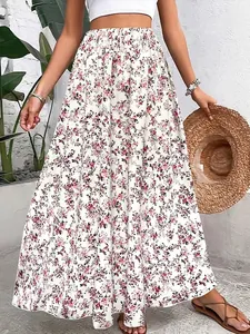 Lange gebloemde rok voor dames met hoge taille en elastische tailleband in zomerse stijl