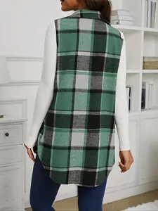 Back view detail of women's green plaid sleeveless wool-blend vest with rounded hem