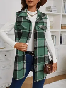Close-up of green and black plaid sleeveless oversized wool shacket for women
