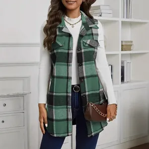 Stylish green plaid sleeveless wool blend long vest with flap pockets for women