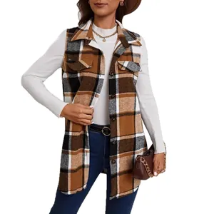 Chic women's plaid sleeveless vest jacket loose fit autumn winter woolen waistcoat