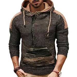 Suéter de Punto con Capucha para Hombre Bloque de Color Media Cremallera Jersey Cálido Casual Holgado Streetwear Top Con Bolsillo De Canguro