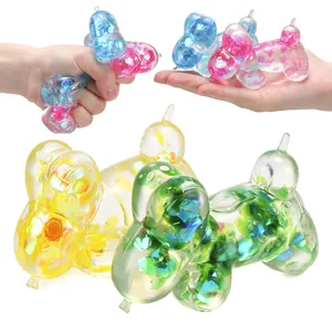 Translucent glitter balloon dog squeeze toy for sensory stress relief and play fun