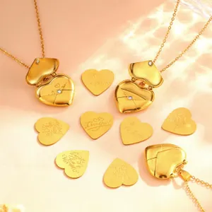 Elegant gold-plated stainless steel heart locket necklace with engraved love message plates