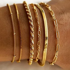 Close-up of diverse 18k gold-plated stainless steel chain bracelets on a woman's wrist