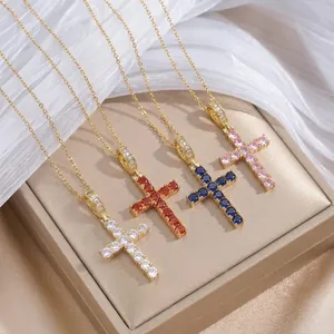 Minimalistische Titanstahl Kreuz Anhänger Halskette Für Damen Kupfer Zirkonia Eingelegt Vergoldet Mode Schlüsselbein Kette Schmuck