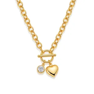 925 Sterling Silver Heart Pendant Necklace With Moissanite Stone Minimalist Toggle Clasp Gold Plated Fashion Jewelry For Women
