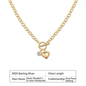 Gold 925 sterling silver heart necklace with moissanite pendant and OT toggle clasp