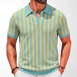 Men Knitted Polo Shirt Vintage Vertical Stripe Short Sleeve Slim Fit Viscose Knitted Top Summer Casual Fashion Polo For Men