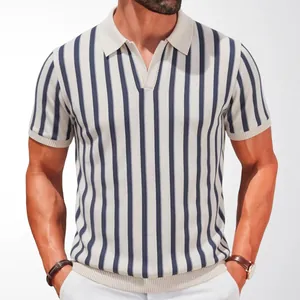 Men's slim fit vertical striped knitted polo shirt with short sleeves and V-neck