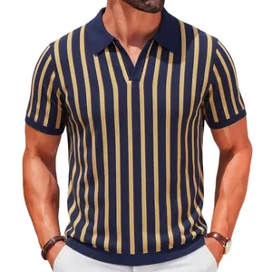 Men's slim fit vertical striped knit Polo shirt with short sleeves in navy blue