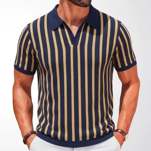 Men's elegant navy and beige vertical striped knit polo shirt in slim fit style