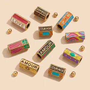 Stainless Steel Hexagonal Colorful Enamel Large Hole Beads DIY Jewelry Making Charms Love Amour Courage Patterned Beads